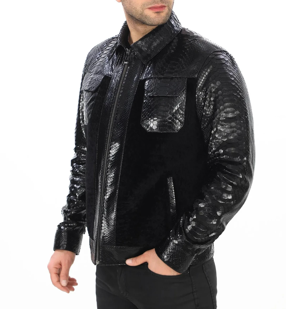 Men's Black Real Leather Suede Jacket Exotic Python Snakeskin Look Regular Coat