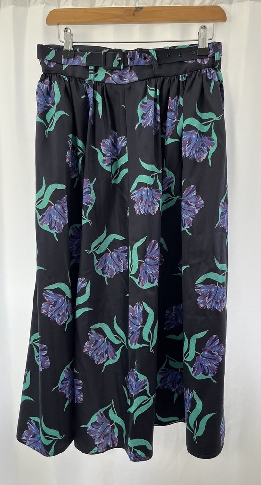 Caroline Navy Floral Midi Skirt Size S Cotton Belted Womens