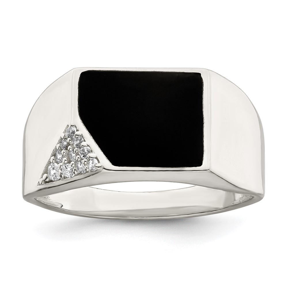 925 Sterling Silver Black Enameled and Cubic Zirconia Men's Ring Size 10