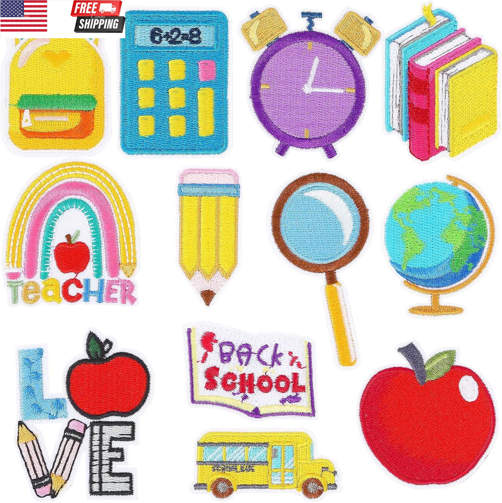 12Pcs School Iron-On Patches Set with Pencil Apple Bus Design for DIY Sewing-image