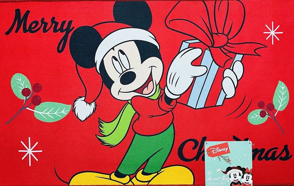 Disney Mickey Mouse Merry Christmas Santa Hat Gift Mat Rug 20”x32” Mistletoe Red