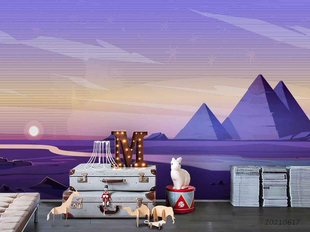 3D Pyramids River Sunset Illustration Wall Murals Wallpaper Murals Wall Sticker