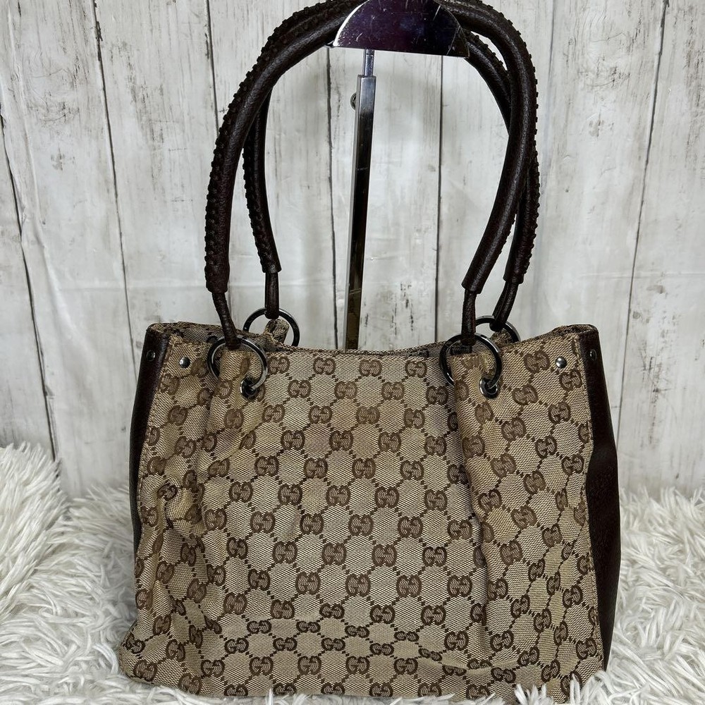 Gucci GG Canvas Tote Bag in Brown Leather with Top Handle
