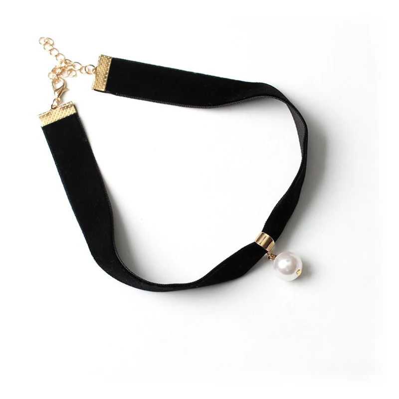 White Pearl Bead Choker Chain Necklace  Women Black Velet Chain
