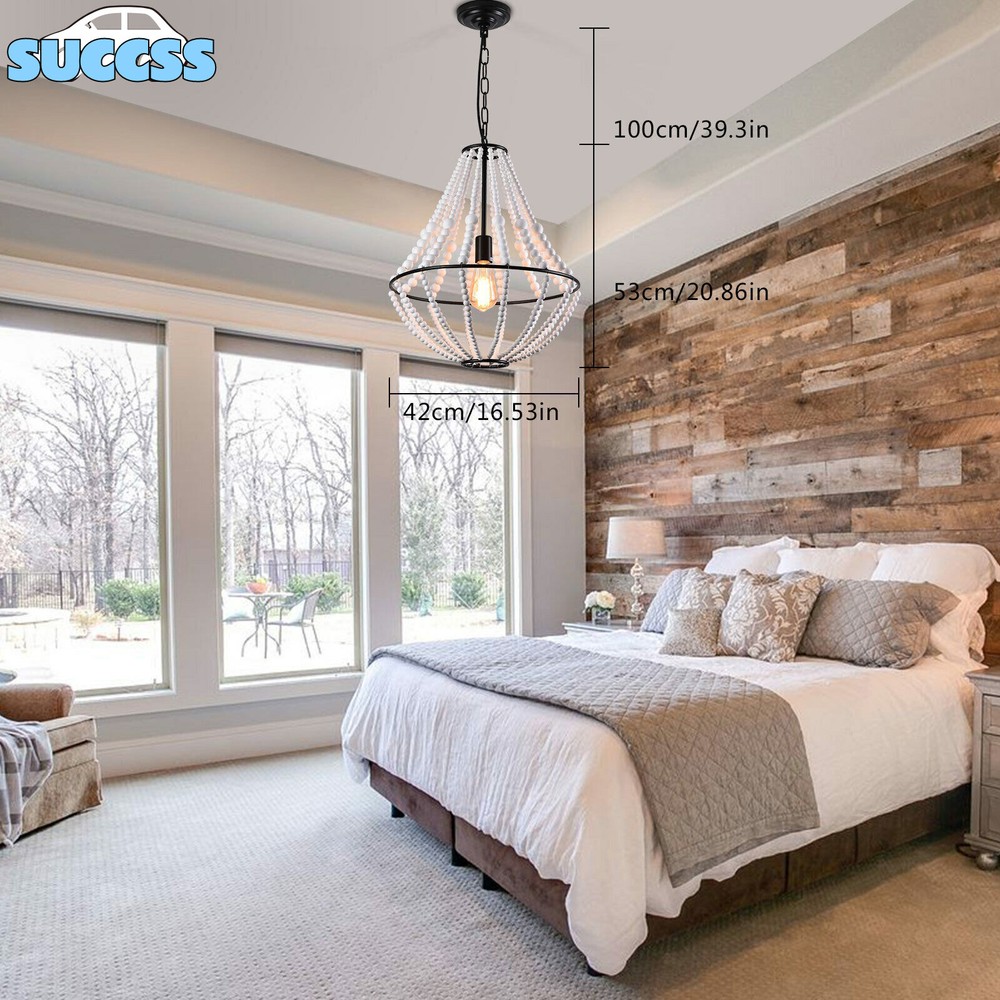 Farmhouse Wood Beaded Chandelier Modern 1-Light Boho Pendant Lights Fixture E26