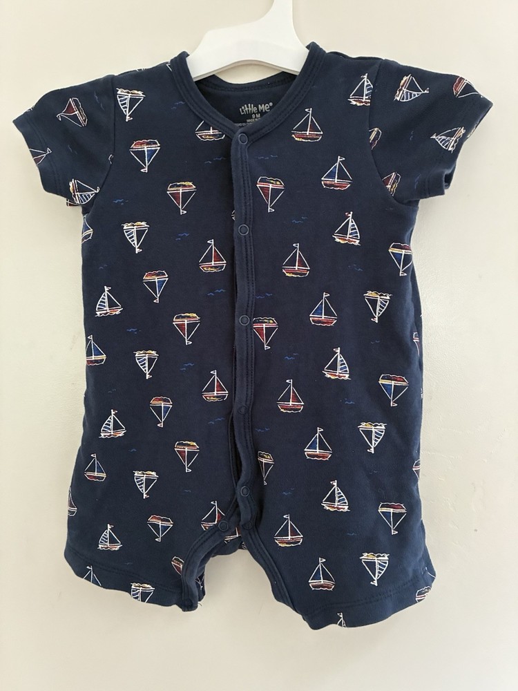 Little Me Baby Boys Sailboats 100% Cotton Snap-Up Short Sleeve Romper Navy 9M