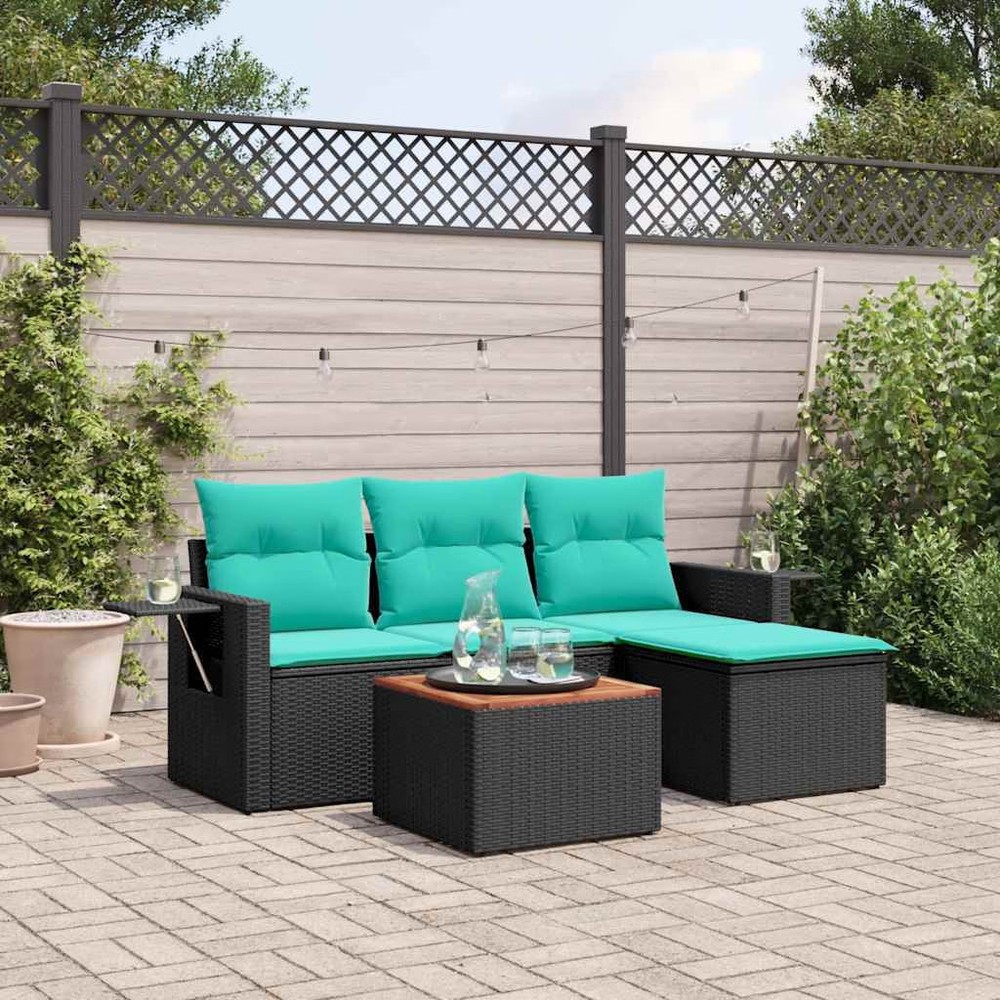 5 Piece Garden Sofa Set with Cushions Black Poly Rattan