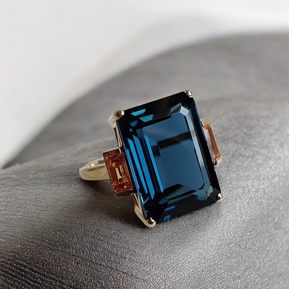 Engagement Ring 18.90 Ct Natural London Blue Topaz Emerald Cut 14K Gold