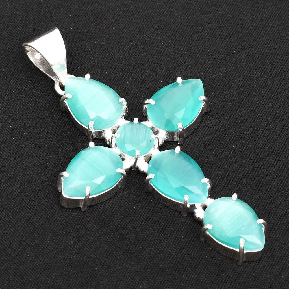 Cat Eye Gemstone Ethnic Handmade Cross Pendant Jewelry 2.64