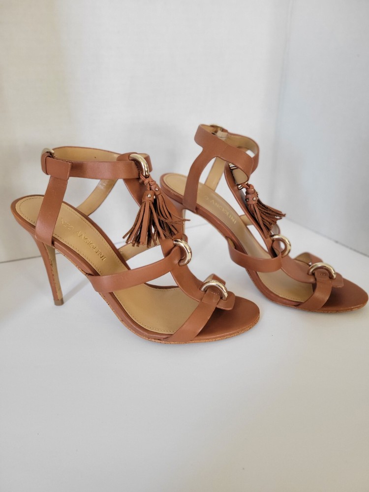 ENZO ANGIOLINI Ealeluna Leather Strappy Sandals 4 Inch Heel Brown Size 6.5 Womens