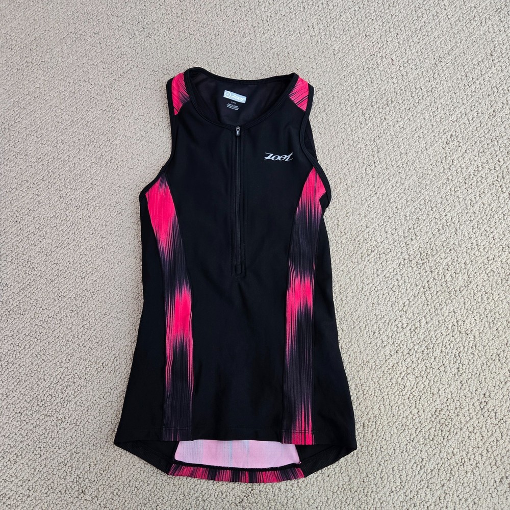 Zoot Performance Tri Tank Top Women’s Small Black with Pink 1/2 Zip Built In Bra