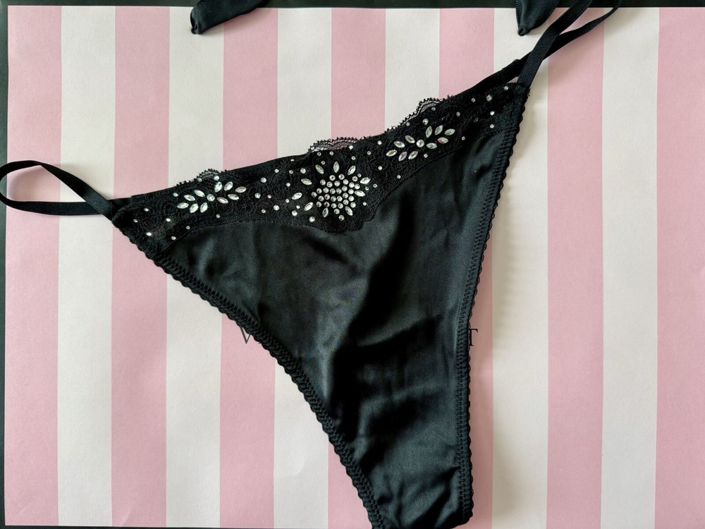 Victorias Secret Very Sexy Black Satin Bling Thong Panty NWT