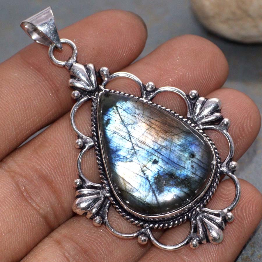 Fiery Labradorite 925 Silver Plated Gemstone Pendant 2.5 Inch Jewelry