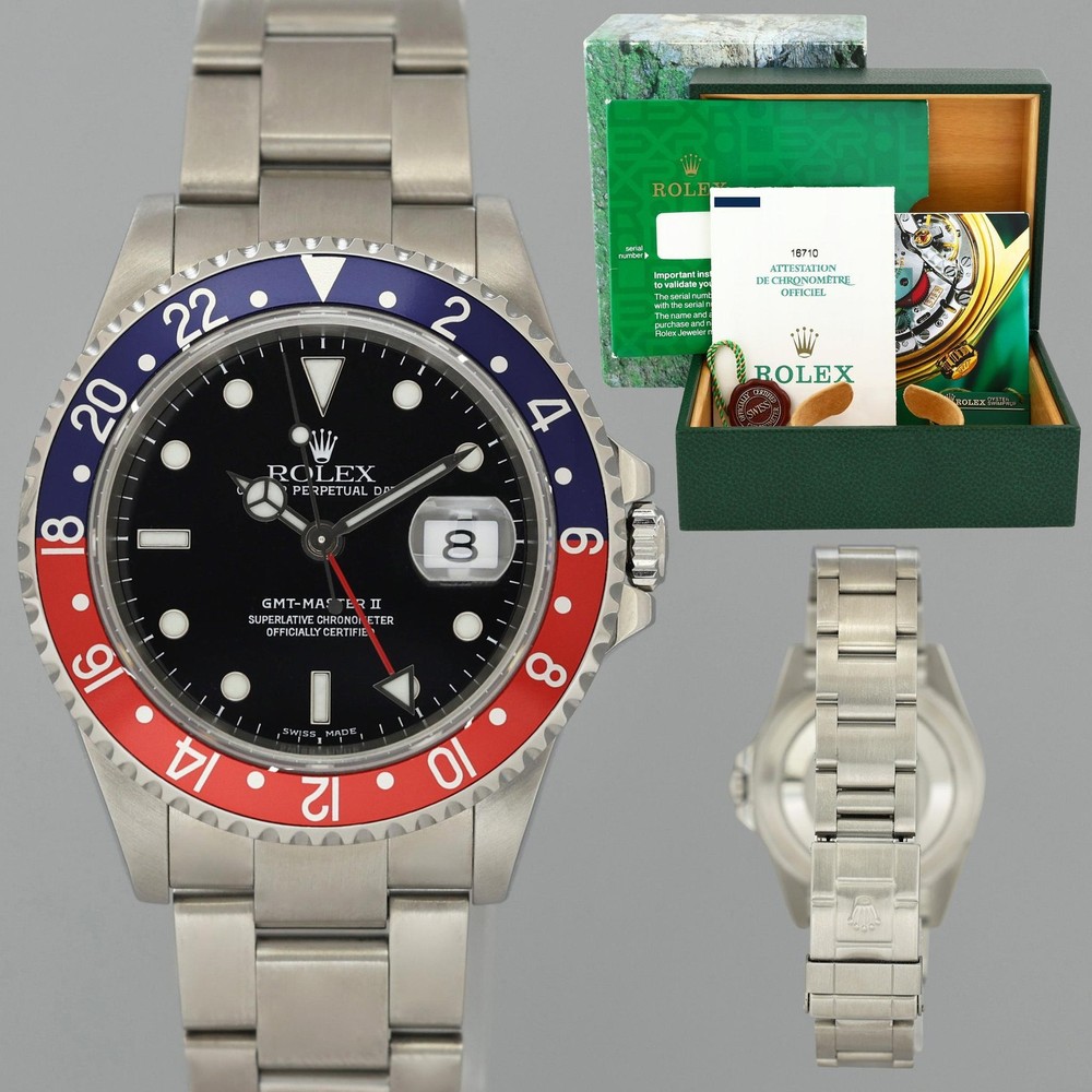 2004 MINT PAPERS Rolex GMT-Master II 2 Pepsi Blue Red Steel 16710BLRO 40mm Watch