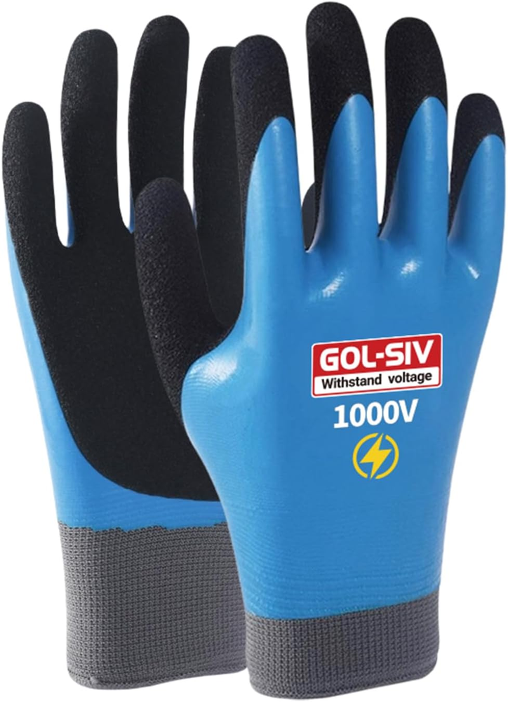 High Voltage Electrician Gloves 1000V, Double Insulated, Rubber, Large, Blue