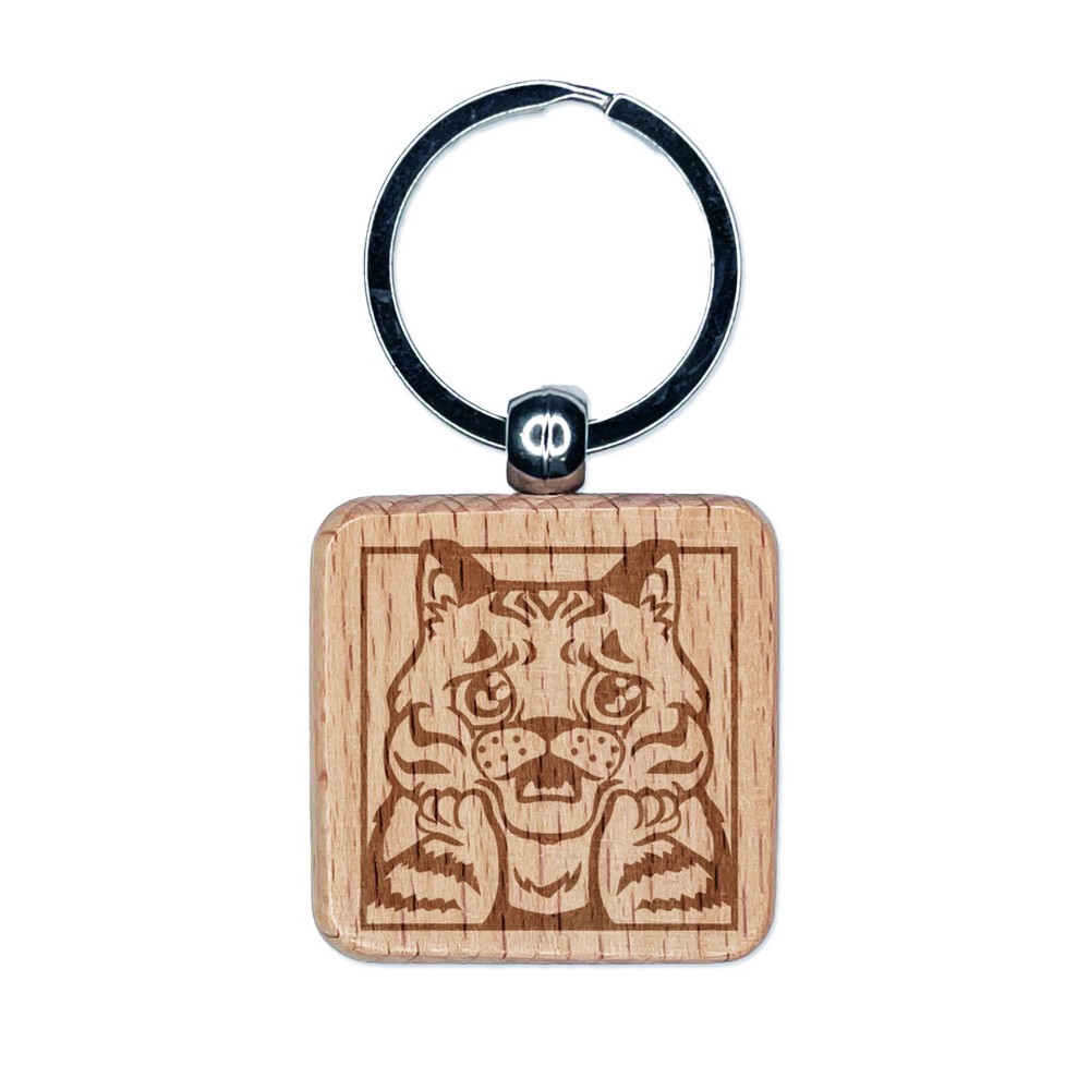 Worried Striped Cat Distressed Wood Keychain Charm Tag Engraved