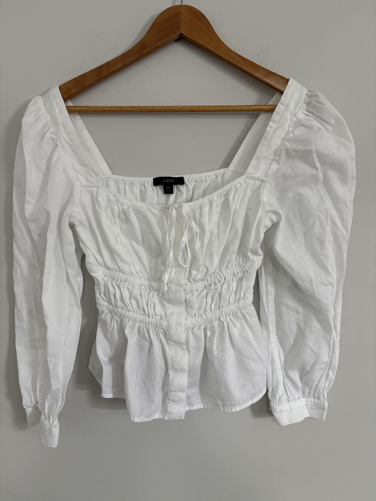 J.Crew Shirt Womens 00 White Smocked Peplum Square Neck Puff Sleeve Re-Imagined