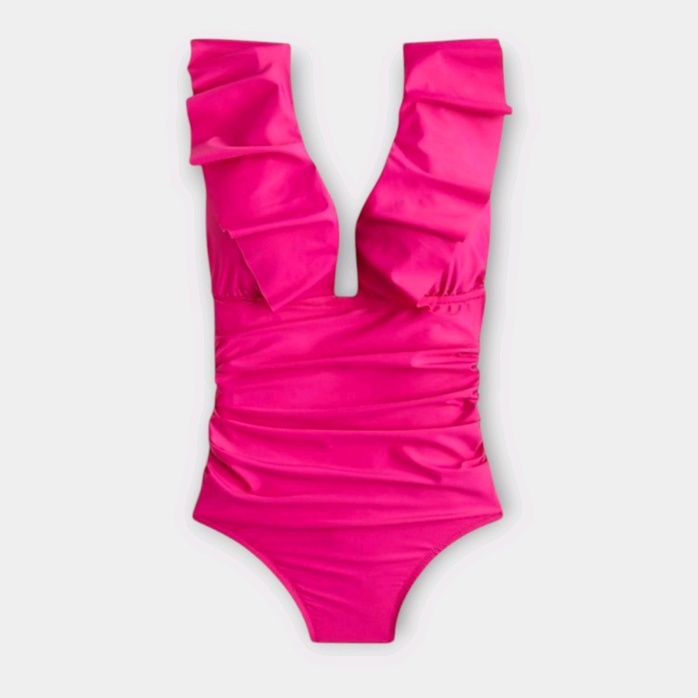 J. Crew Ruched Ruffle One Piece Swimsuit Size 20 Pink Deep V Neck NWT