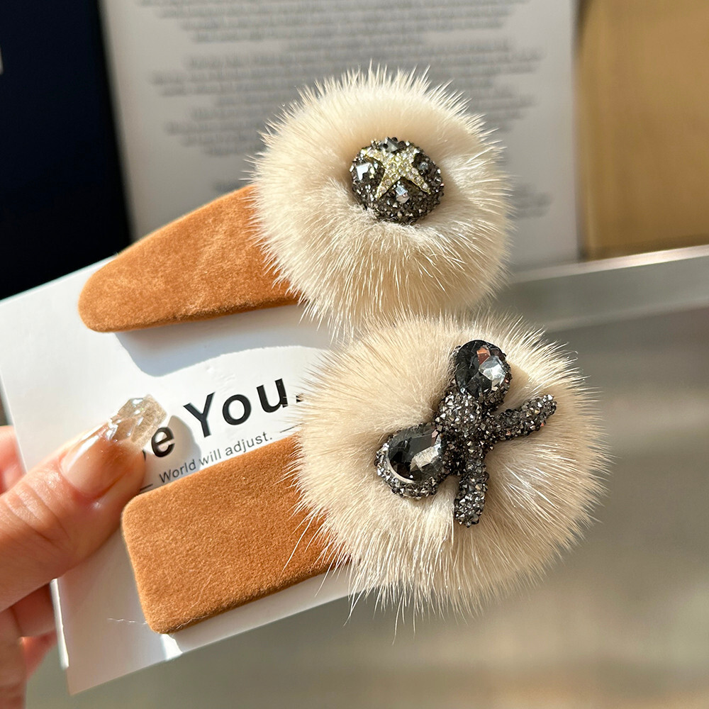 Women Girls Real Mink Fur Hair Clip Cute Bobby Pin Hair Accessory