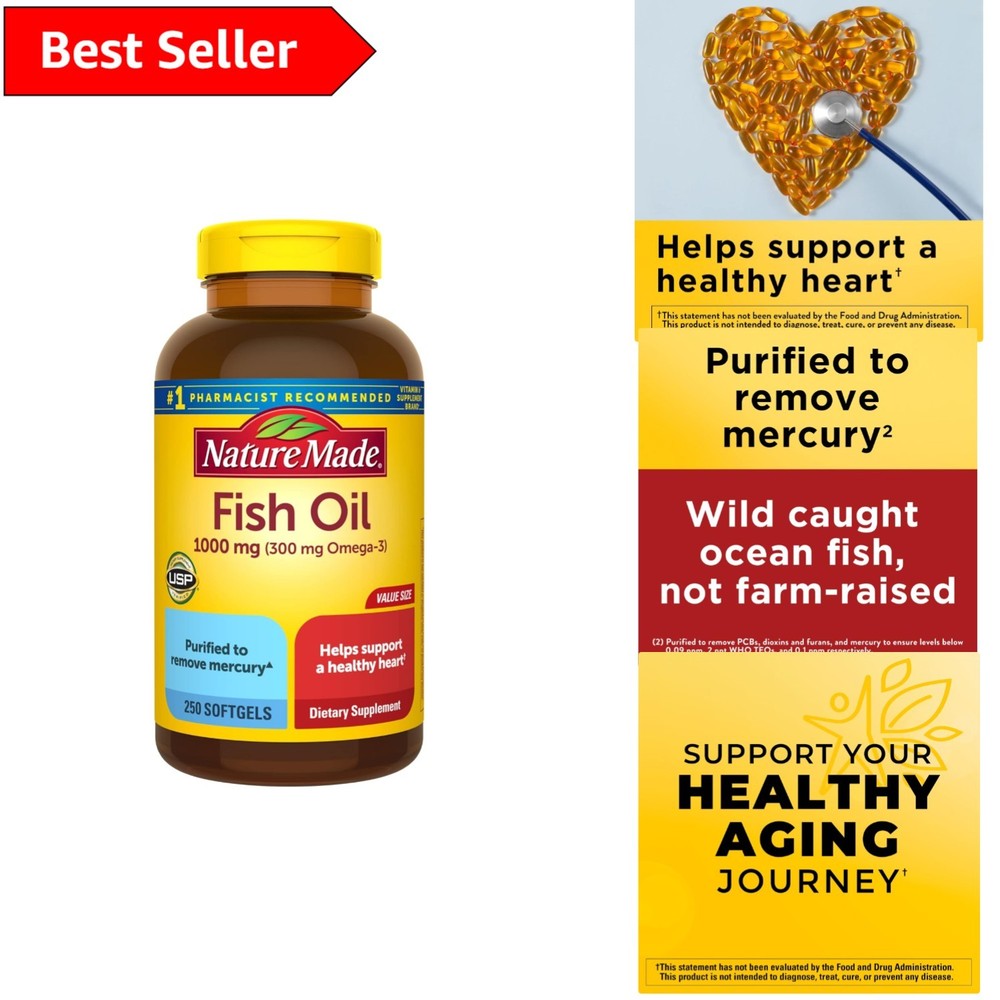 Omega 3 Fish Oil 1000mg Softgels for Heart Health Wellness 250 Count
