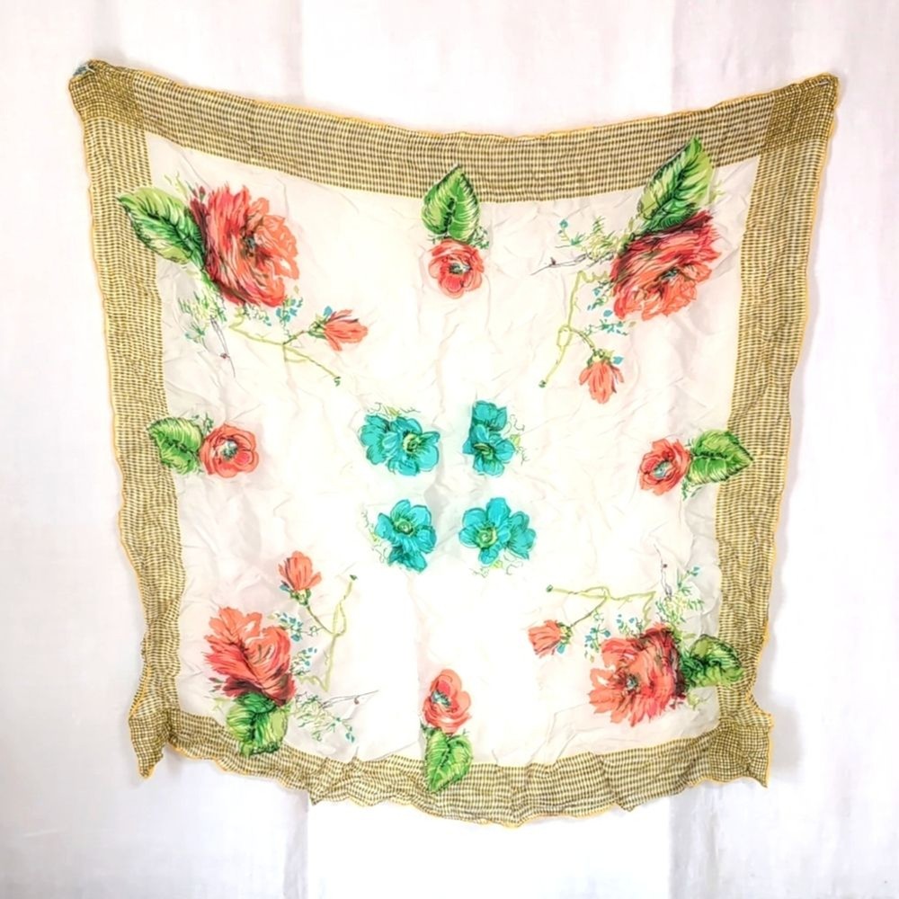 Vintage Momme 6 1/4 Rayon Silk Yellow Border Floral Square Scarf Hand Rolled