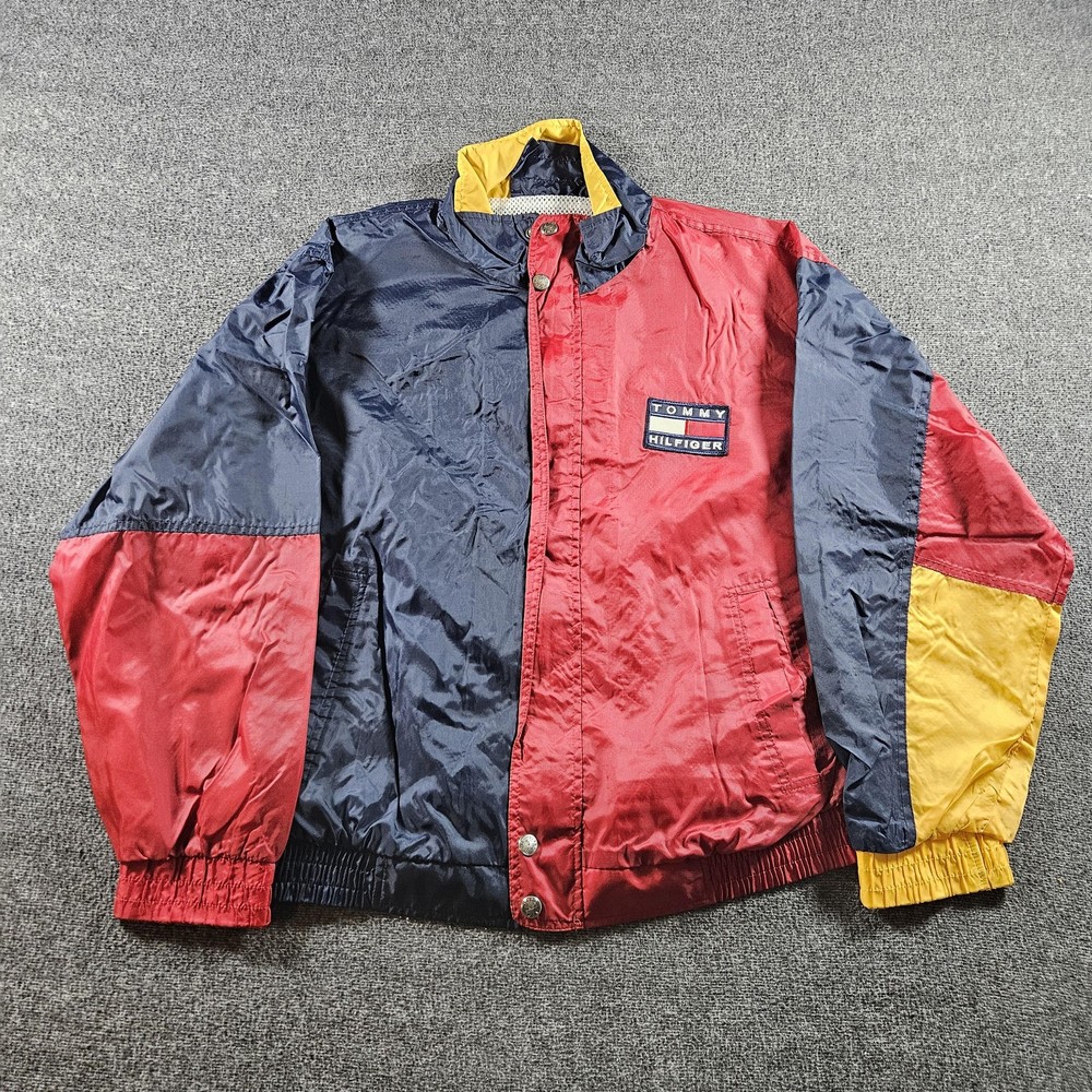 Vintage Tommy Hilfiger Jacket Mens XL Red Navy Yellow Nylon Windbreaker Logo 90s