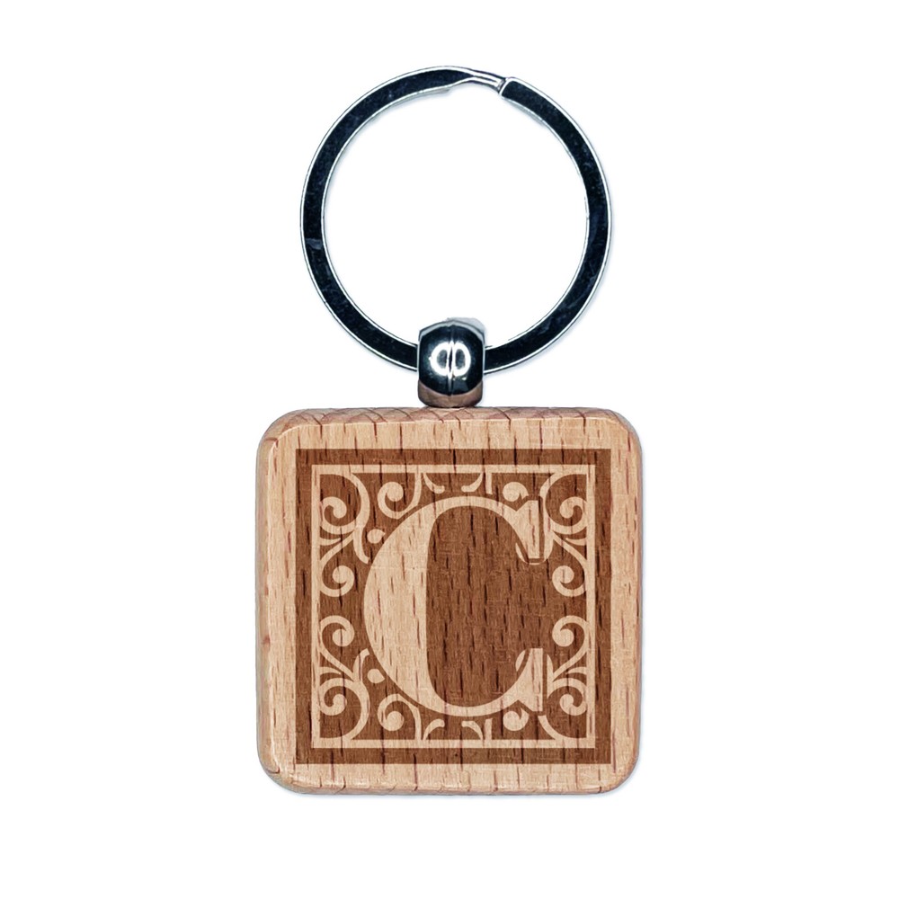 Monogram Swirls Capital Letter C Engraved Wood Square Keychain Tag Charm