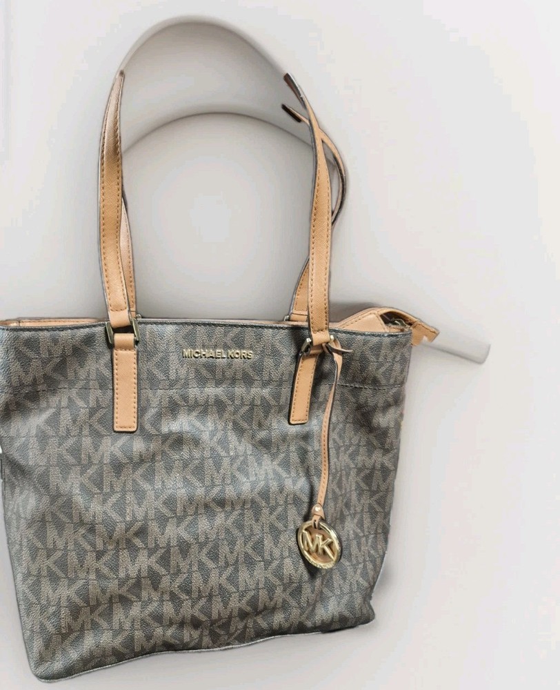 Michael Kors Brown Logo Tote Gold Hardware Bag Charm Double Handles