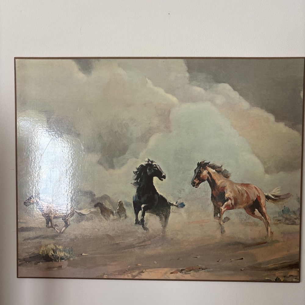 Rare! MCM Lithograph Print On plaque board “ Mustangs” Rico Tomaso 22X17