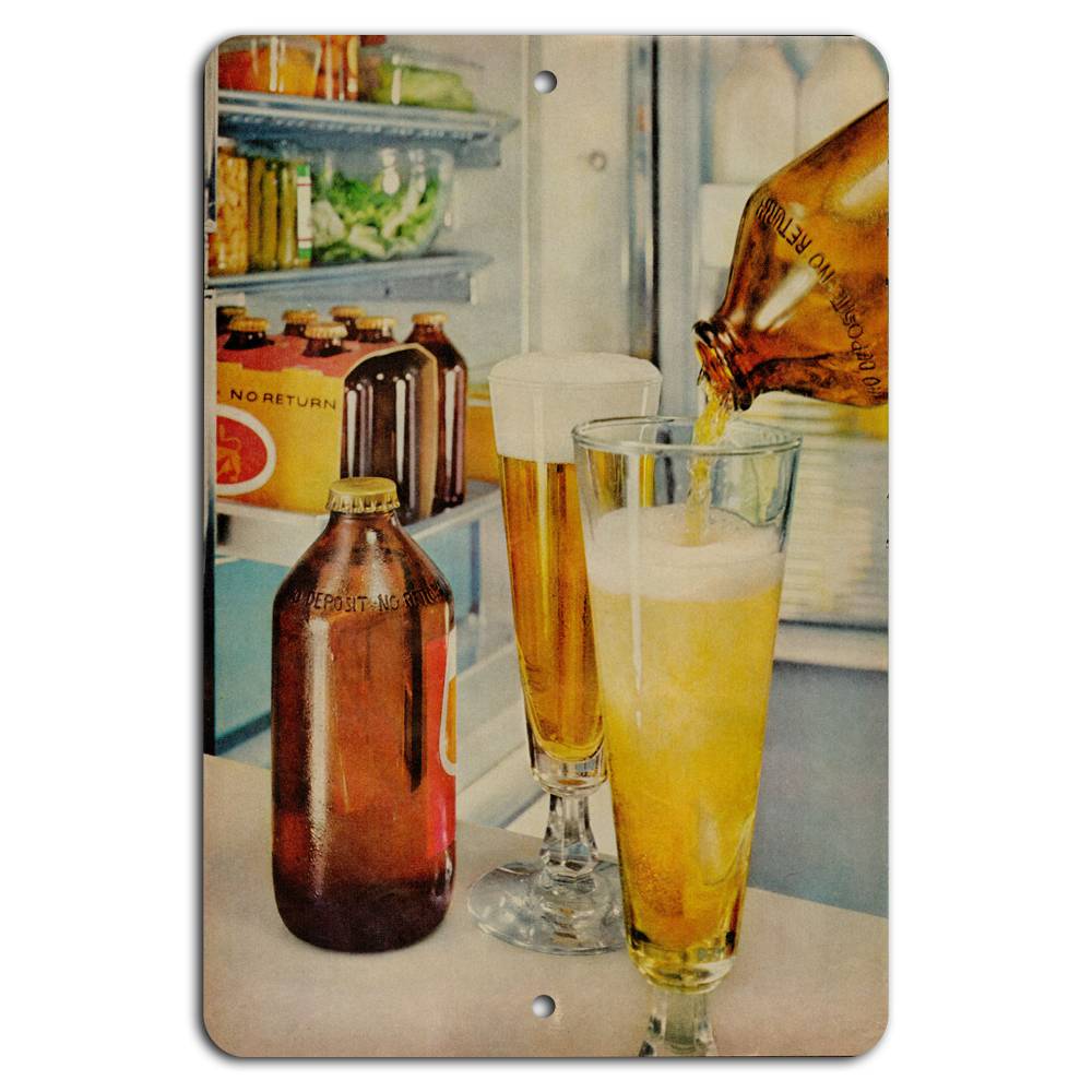 Retro Chill: Vintage Beer Fridge Scene on Metal Sign