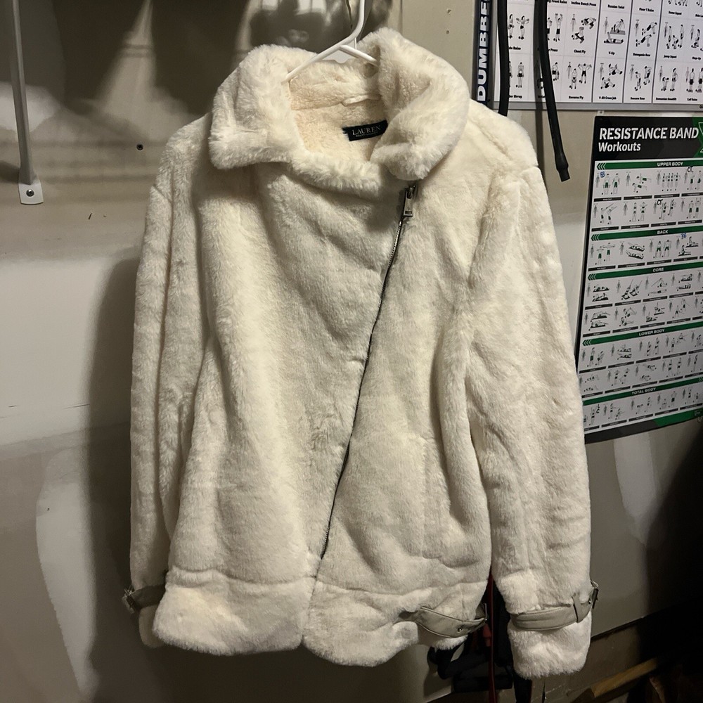 NWT Ralph Lauren Faux Fur White Women’s Zip Up Jacket. Size L