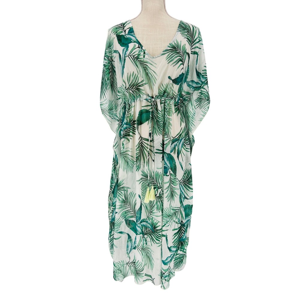 Kona Sol Womens Small Green Tropical Palm Leaf Sheer Kaftan Swim Cover-Up Dress