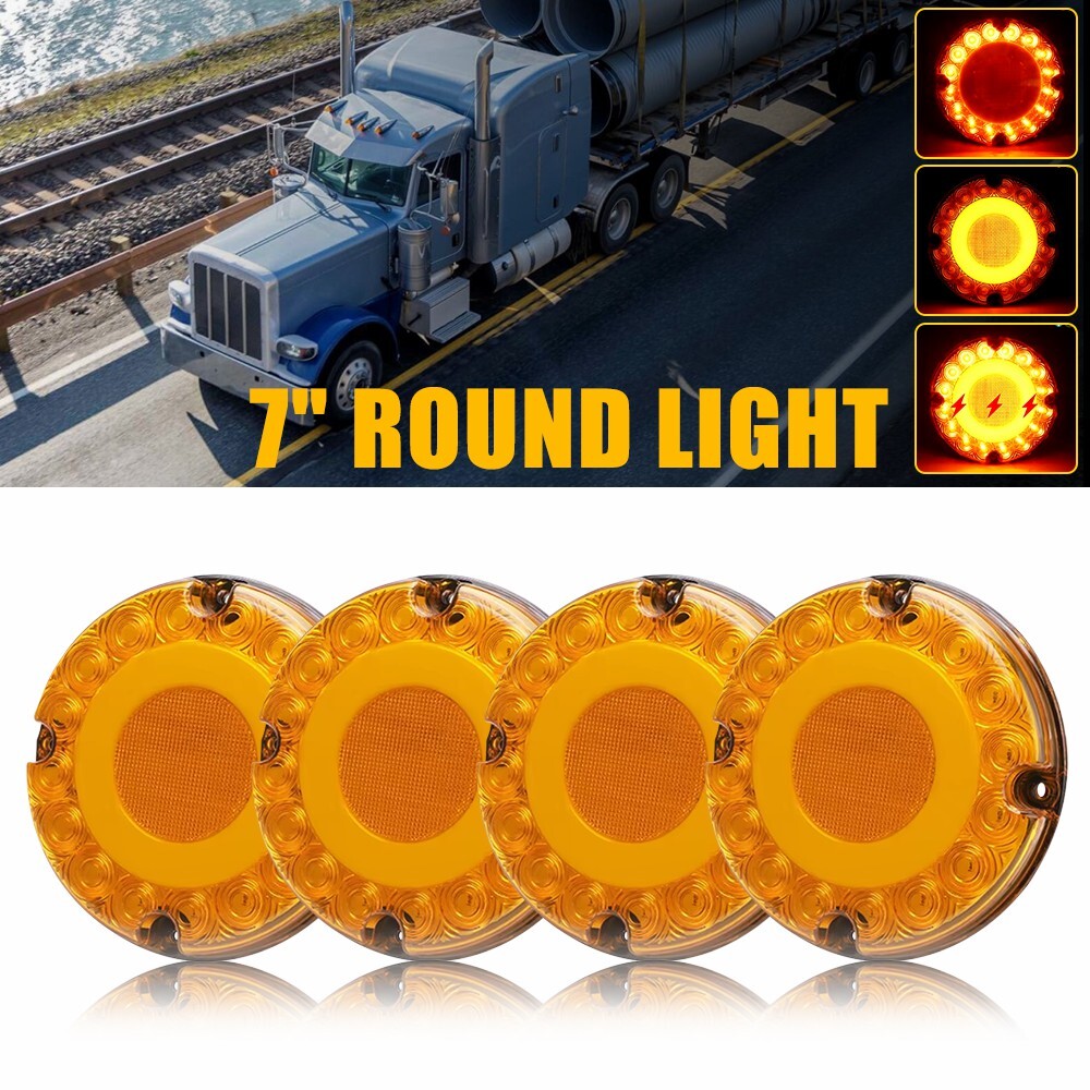 4 LED 7in Round Amber Tail Light Rear Brake DRL Turn Signal Bus Truck Trailer M