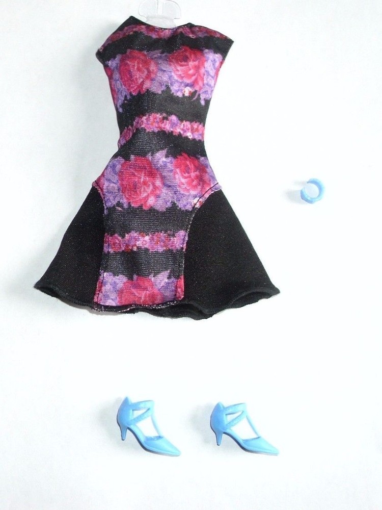 Barbie Fashionistas Fashion Black Dress w/ Roses Shoes Bracelet Loose Outfit New