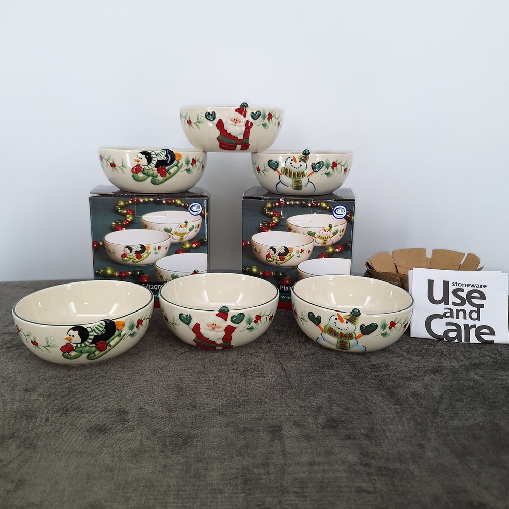Pfaltzgraff Winterberry Santa Penguin Candy Bowl Set with Holly Christmas Decor