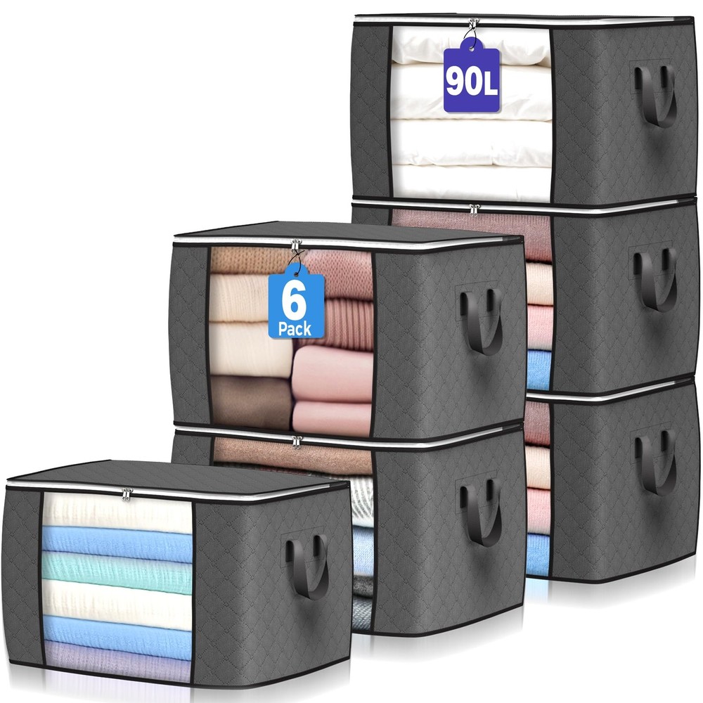 90 L Large Storage Bags, 6 Pack Clothes Bins Foldable 6 Pack, Grey