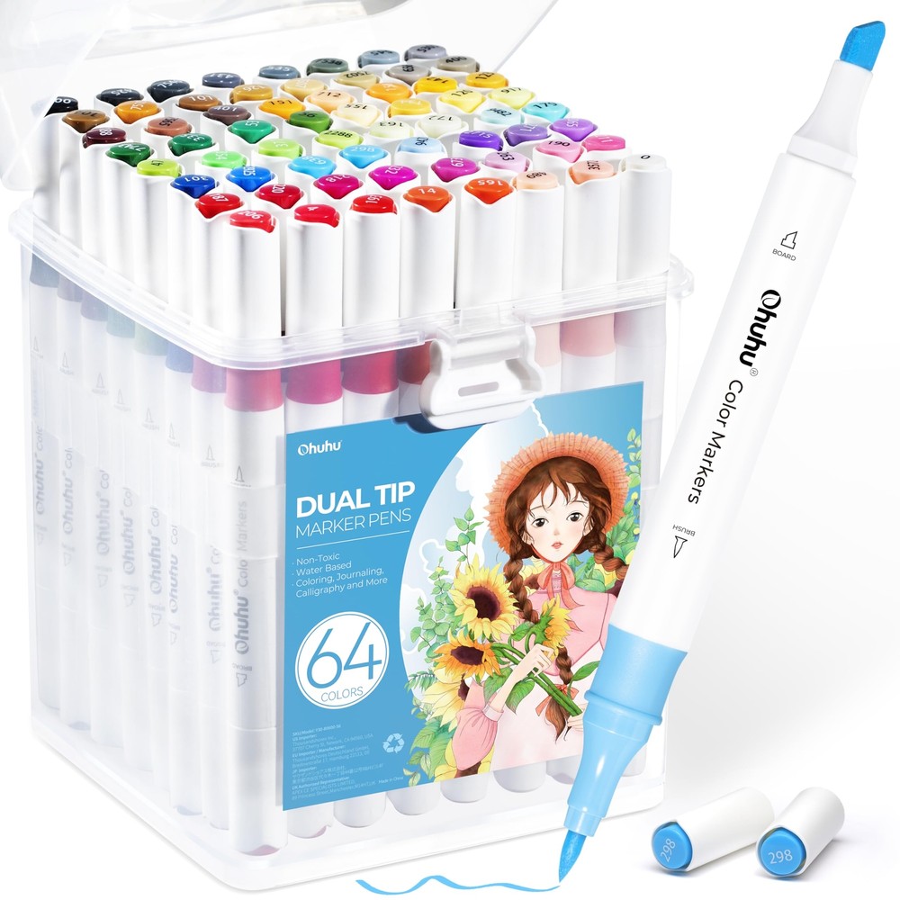 Ohuhu Markers for Adult Coloring Books: 64 Colors Art Markers Dual Brush Chis...