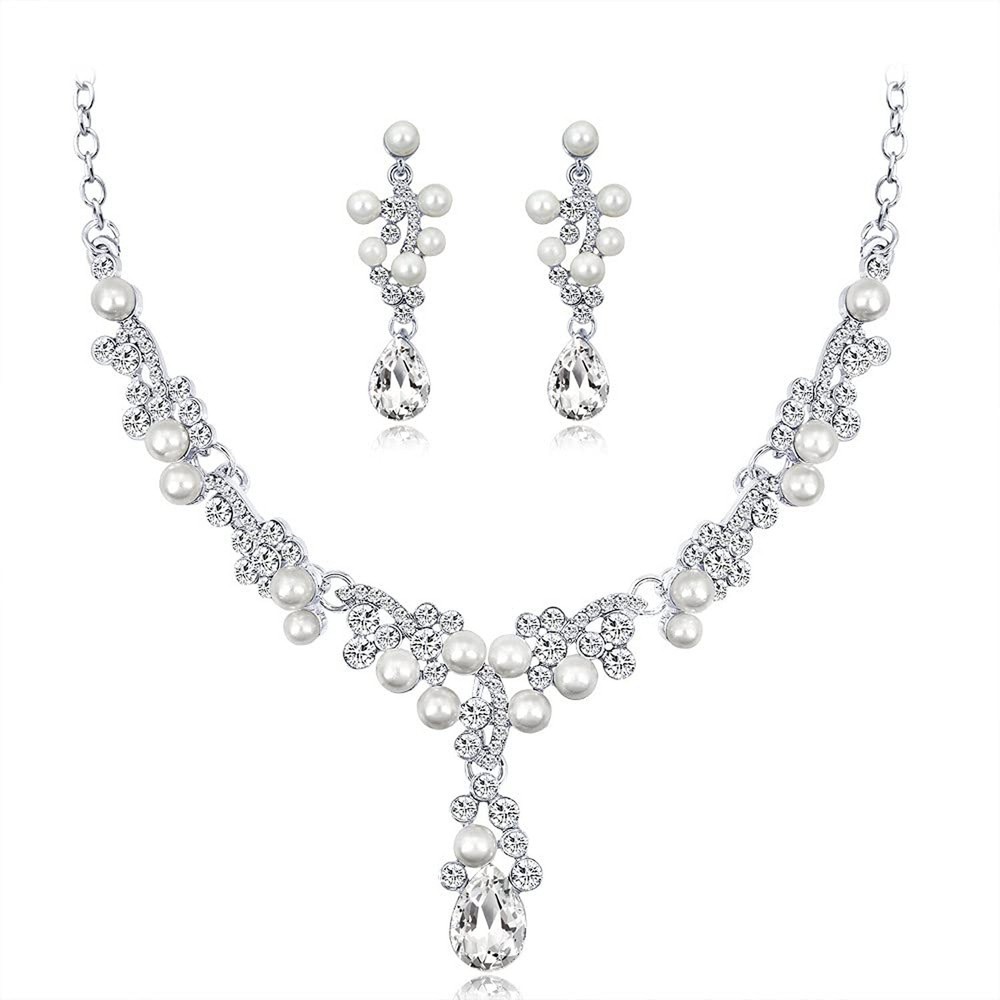 Octwine Bride Crystals Rhinestones Pearls Necklace Earrings Set Bridal Weddin...