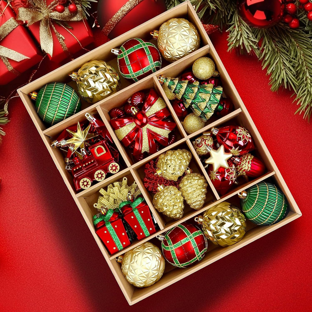 82Pcs Christmas Balls Ornaments Set, Delightful Classic Gift Set Gift Set, Shatt