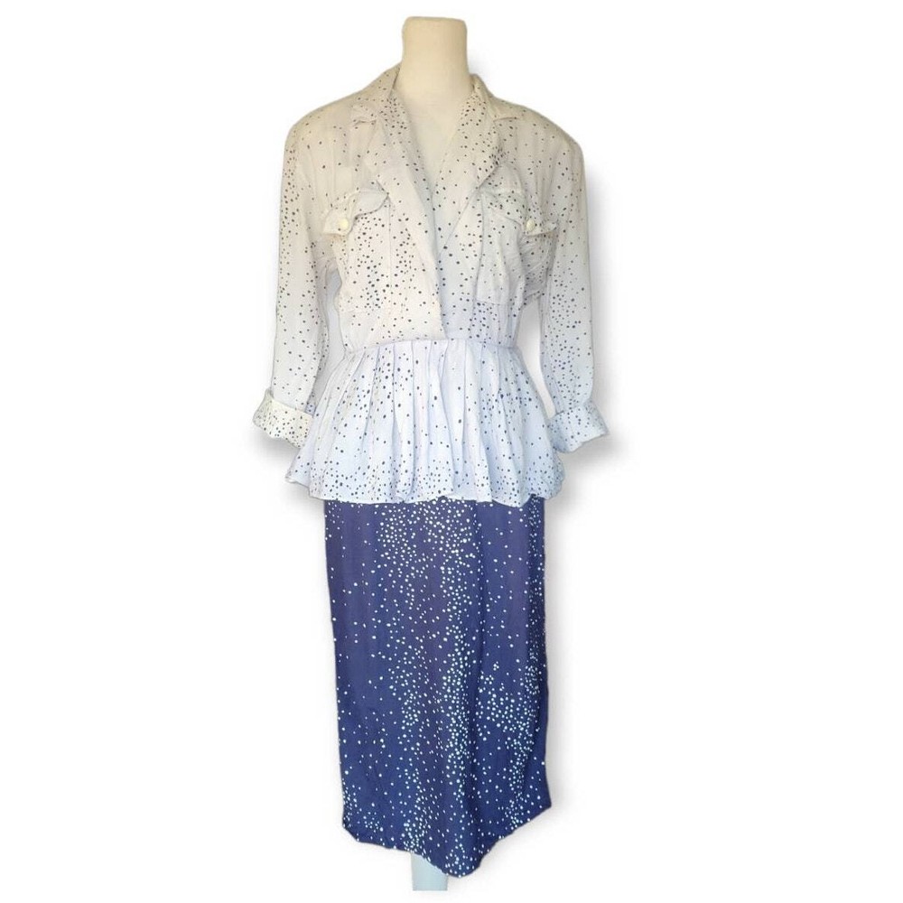VINTAGE Dawn Joy Polka Dot Peplum Pencil Dress Size Small Two Tone Blue White