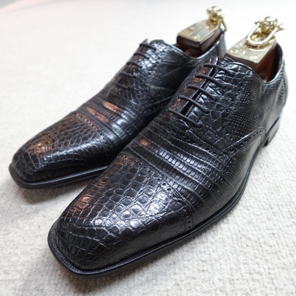 Mezlan 12 Black Crocodile Cap Toe Oxford Lace Dress Shoes Made in Spain