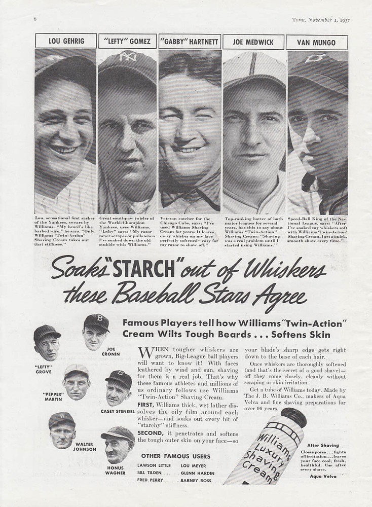 Williams Shaving Cream ad 1937 Gehrig Medwick Gomez Hartnett Mungo Stengel +