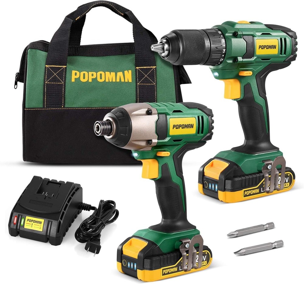 POPOMAN 20V Drill Combo Kit,59 Min Fast Charging, 2x2.0Ah Batteries
