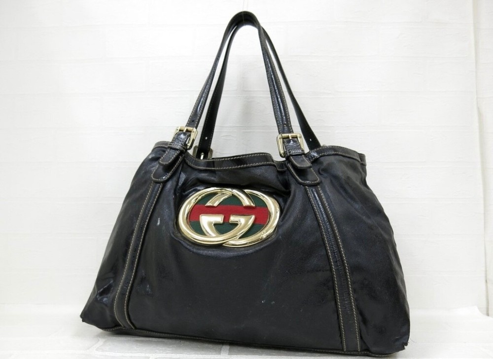 GUCCI Black Patent Leather Tote Bag with Interlocking G Enamel Logo-image