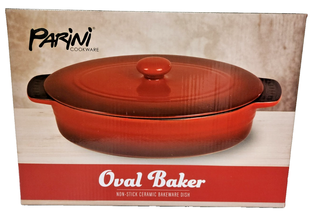 Parini Red Ceramic Oval Baker with Lid for Oven Baking and Serving