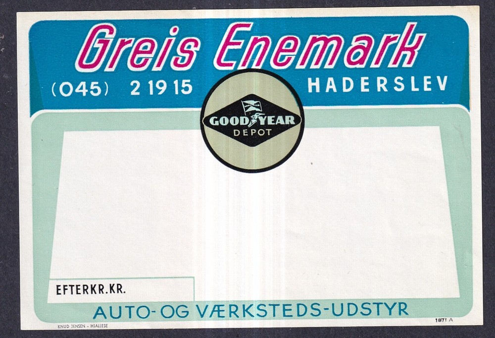 Denmark BIG Poster Stamp  GREIS ENEMARK GOOD YEAR AUTO TIRE HADERSLEV
