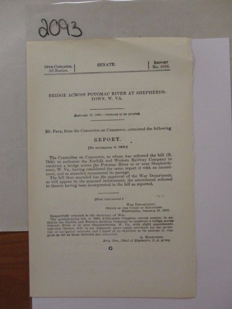 Govt Report 1907 Bridge Across Potomac River at Shepherdstown, W. VA #2093A