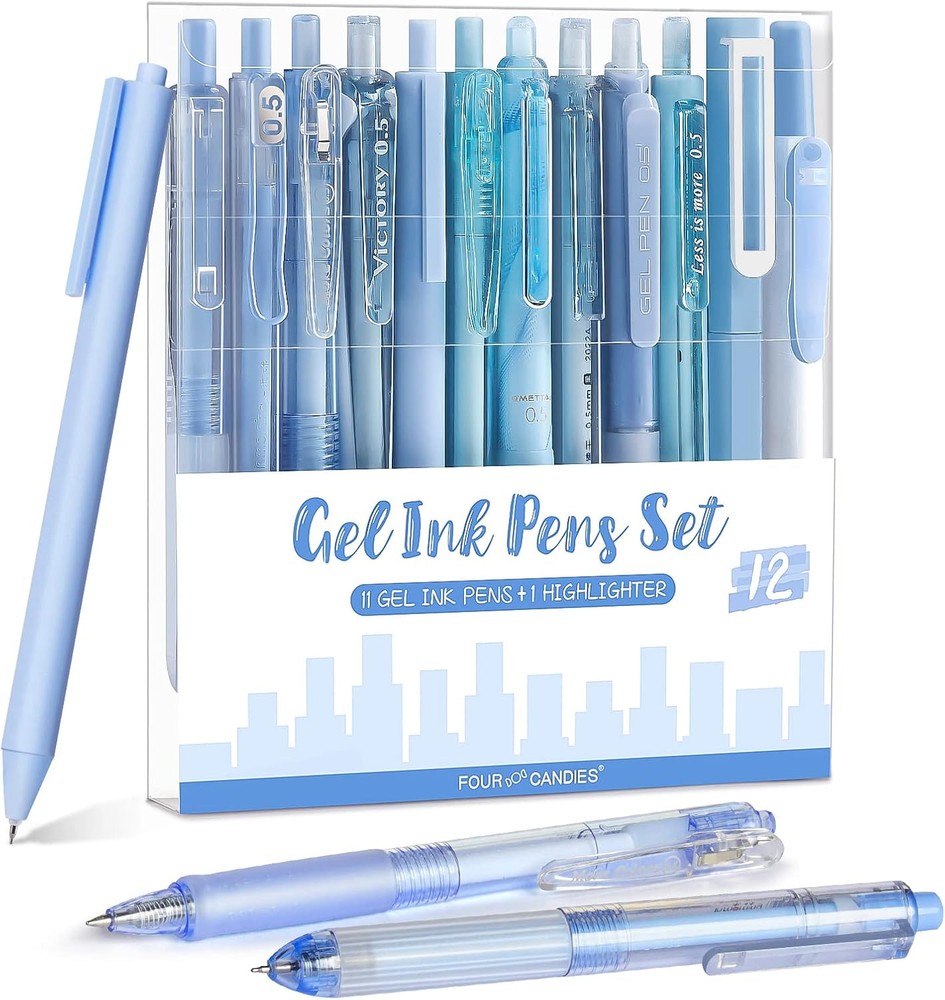 Four Candies 12Pack Pastel Gel Ink Pen Set, 11 Pack Black Pens with Blue