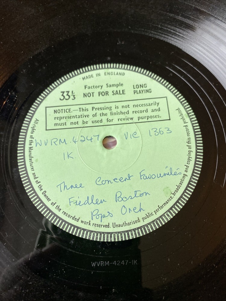 BOSTN POPS ARTHUR FIEDLER - THREE CONCERT FAVORITES = MONO TEST PRESSING