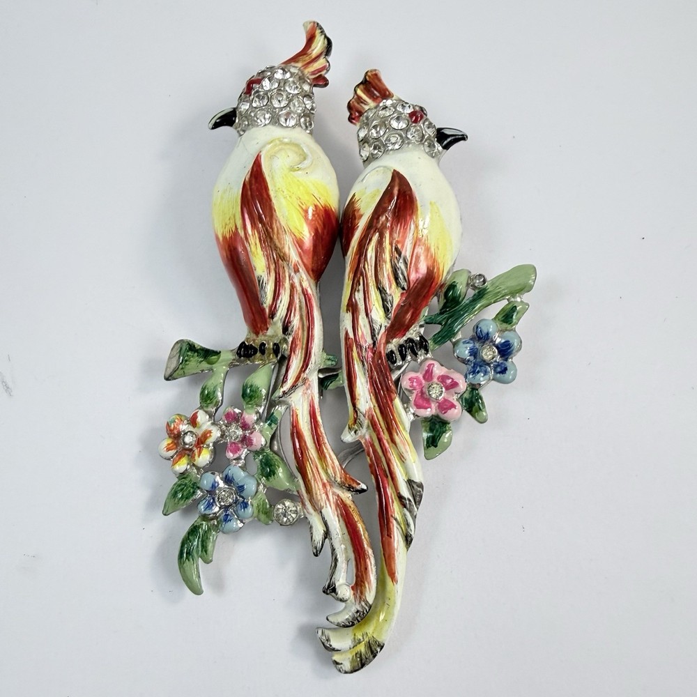 Vintage CORO Duette Birds of Paradise Calopsitta Brooch Fur Clip Rare 1940s READ